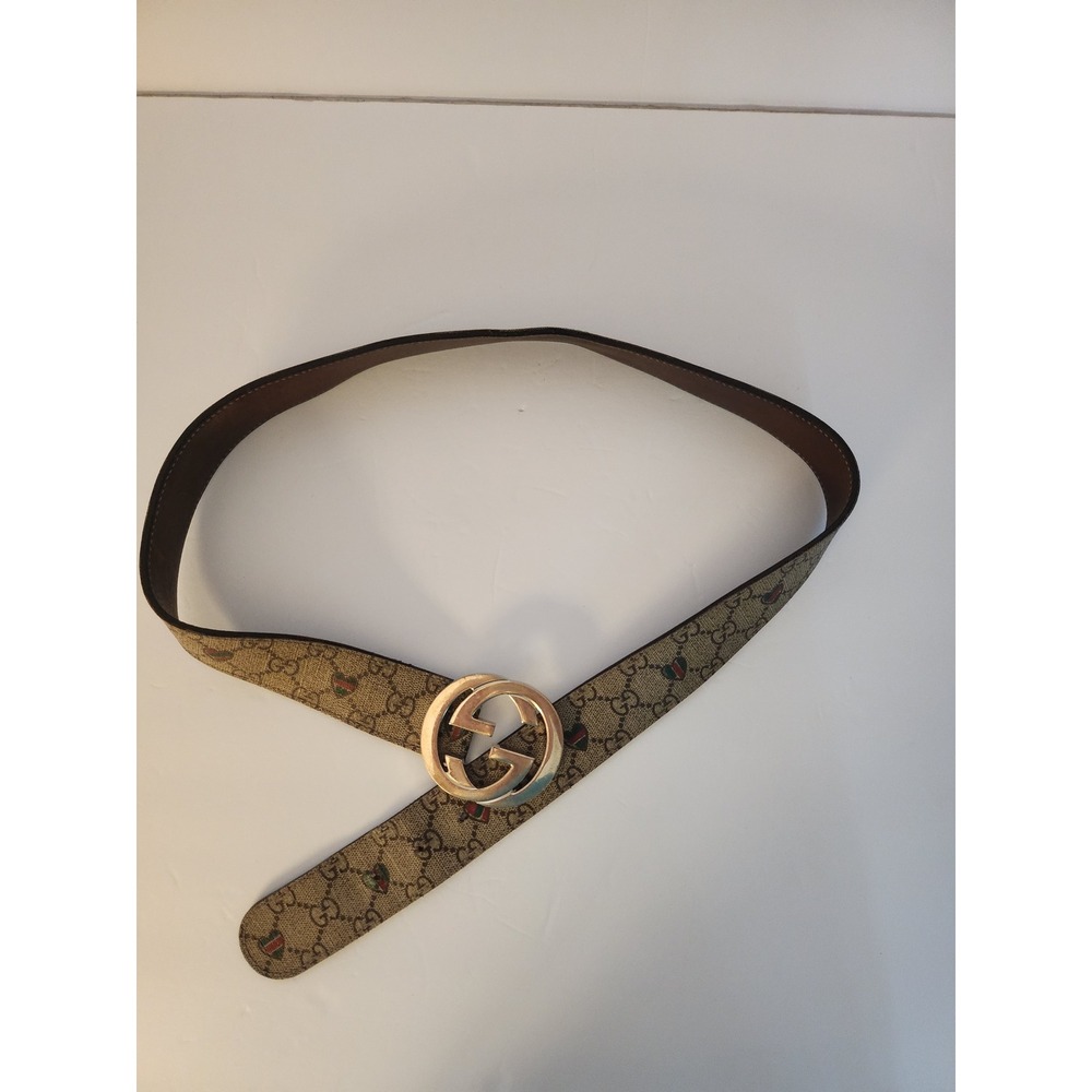Gucci GG Supreme Heart Interlocking G Buckle Belt Brown Canvas Leather Womens